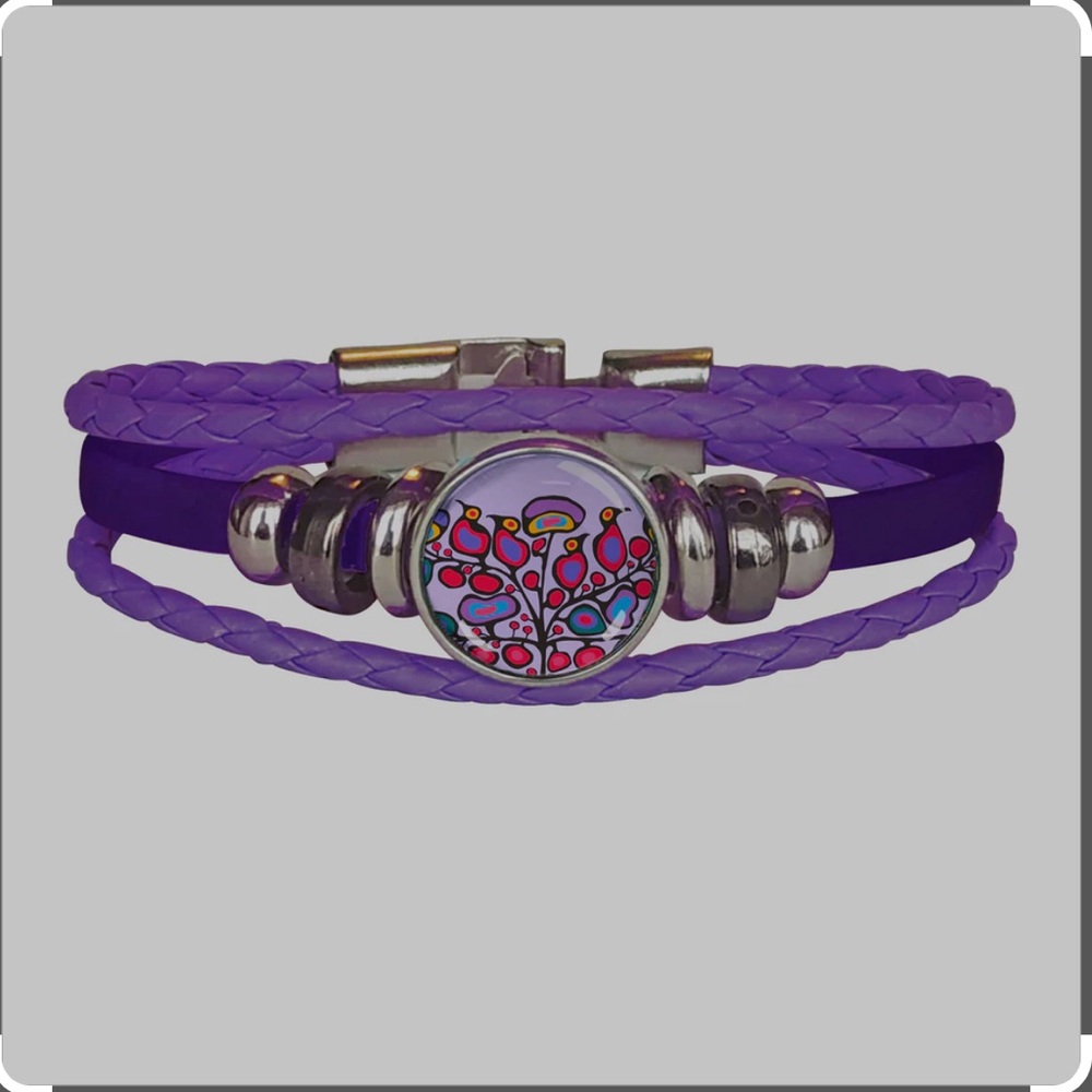 Norval Morisseau Woodland floral Purple Leatherette Bracelet with Silver Accents